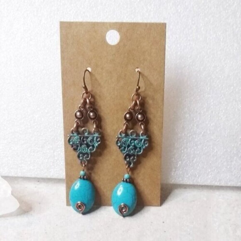 2/$25!!! Aqua Howlite + Copper Patina Painted Earrings - Big Bold Gorgeous! - Picture 5 of 12
